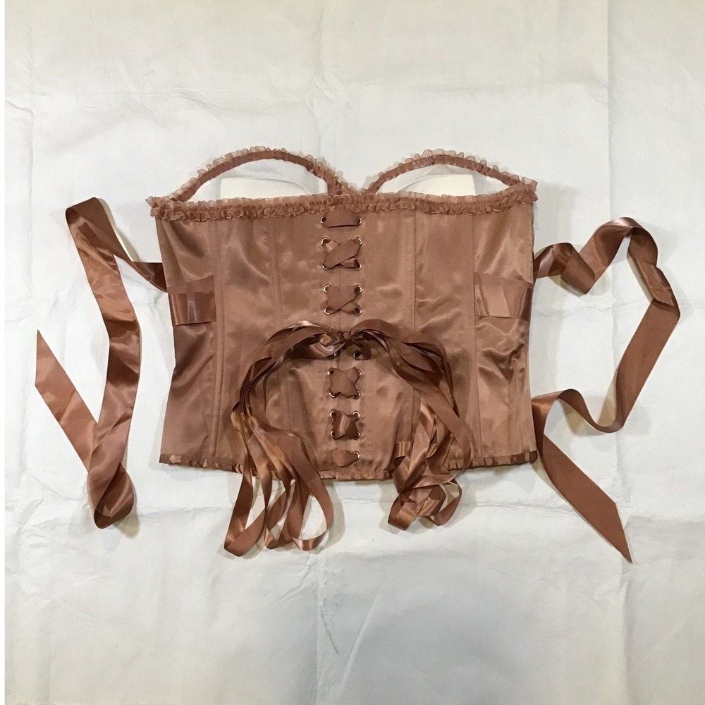 Corset Story Brown Satin Pleated Overbust Corset Steel Boned Ribbon Tie NWT UK22 - Picture 4 of 5